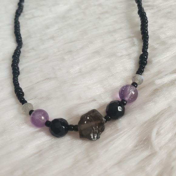 Crystal and Beaded Necklace with Raw Smoky Quartz, Black Onyx, Amethyst Quartz - Picture 1 of 6